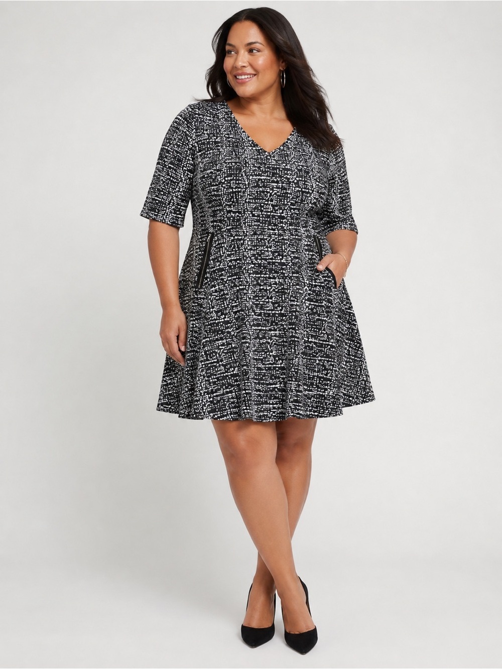 NWT Lane Bryant Fit Flare Dress 20 18 Black White Boucle Tweed Workwear Zipper